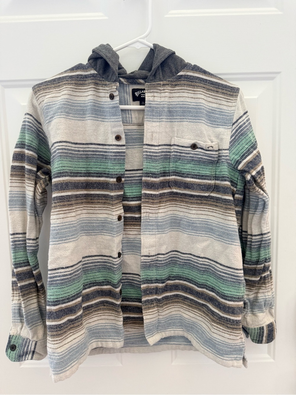 Billabong Striped Hooded Button-Down Shirt in Green, Blue & Gray